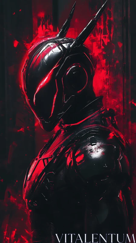 Armored humanoid profile in red illuminated digital scene.