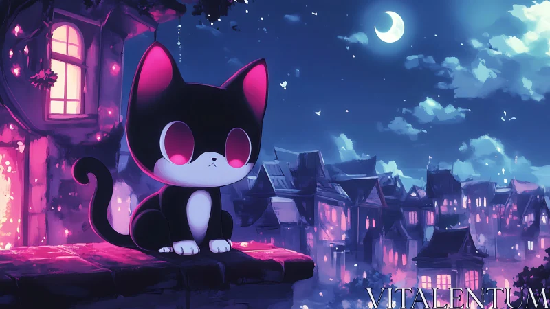 Moonlit kitten quietly watches a glowing enchanted city