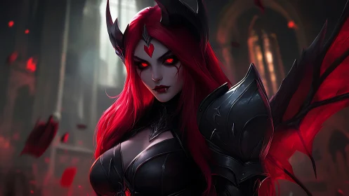 Dark winged demon warrior with red hair and glowing eyes.