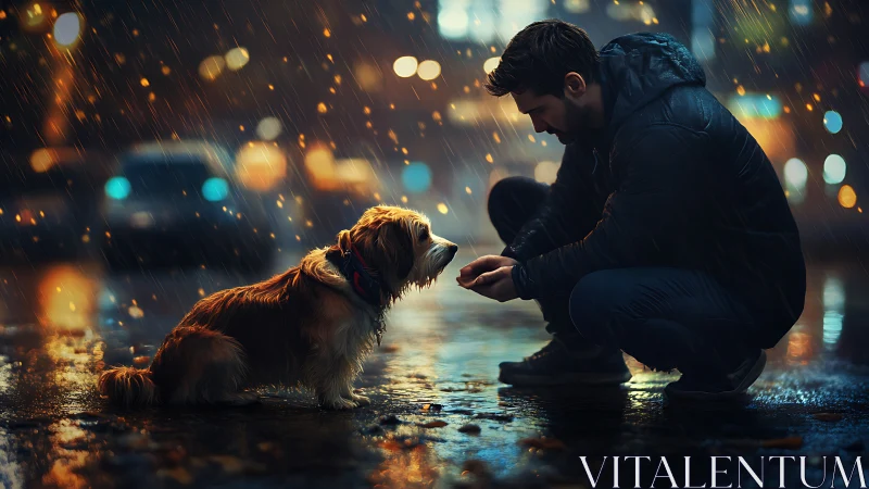 Man crouches before small dog on wet city street at night