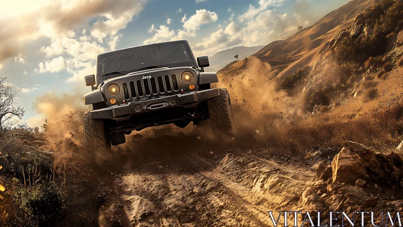 Dust-slinging off-road beast charging through golden canyons.