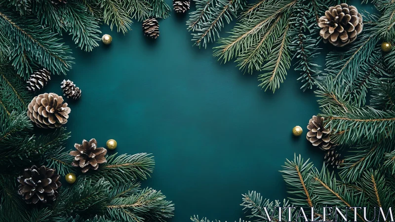 Pine branches and cones framing dark green background layout.