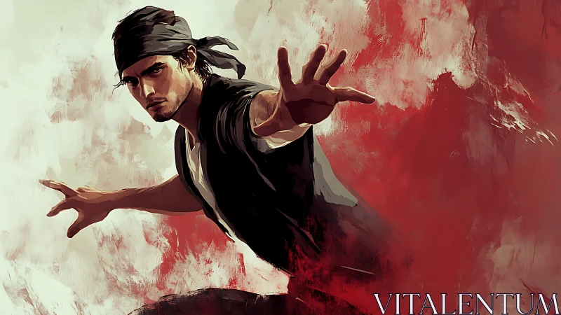 Dynamic martial artist reaches forward in bold red motion