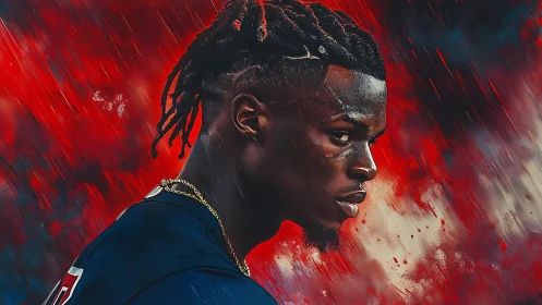 Side profile digital portrait of athlete with red backdrop.