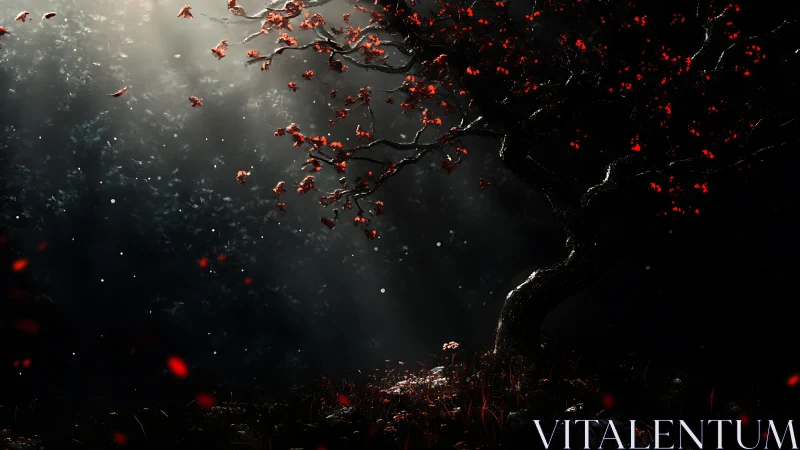 Crimson tree glows under narrow forest moonlight beams.