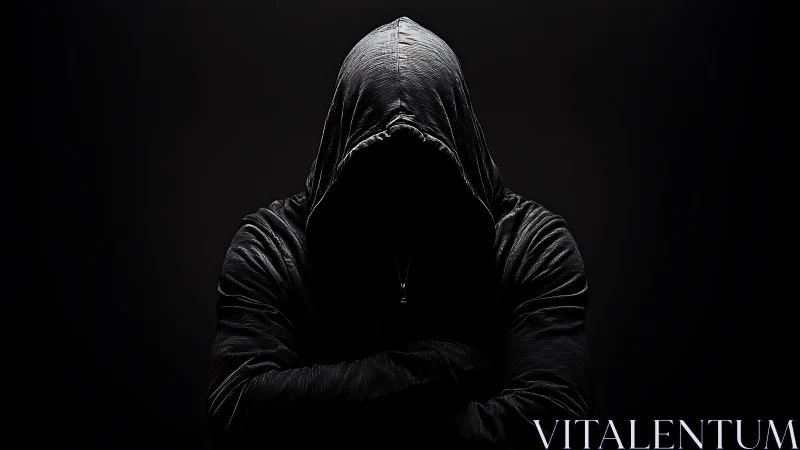 Hooded figure in dark studio with obscured facial details.