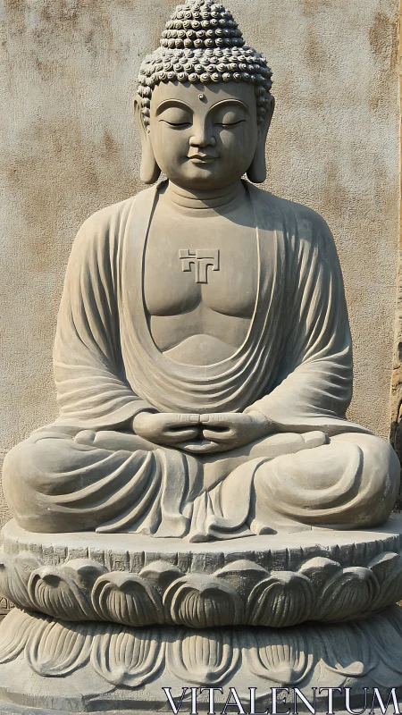 Stone Buddha statue is seated in lotus posture on pedestal