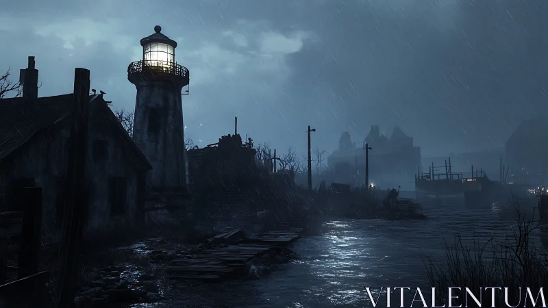 Stormlit lighthouse guards deserted harbor under heavy rain