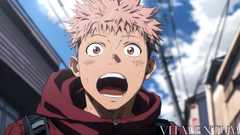 Shocked pink haired anime teen in city street closeup.