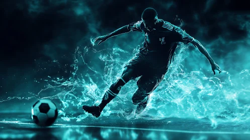 Neon splash motion study of a dynamic soccer striker silhouette.