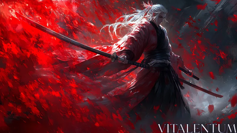 Dynamic katana stance cuts through radial red particle vortex