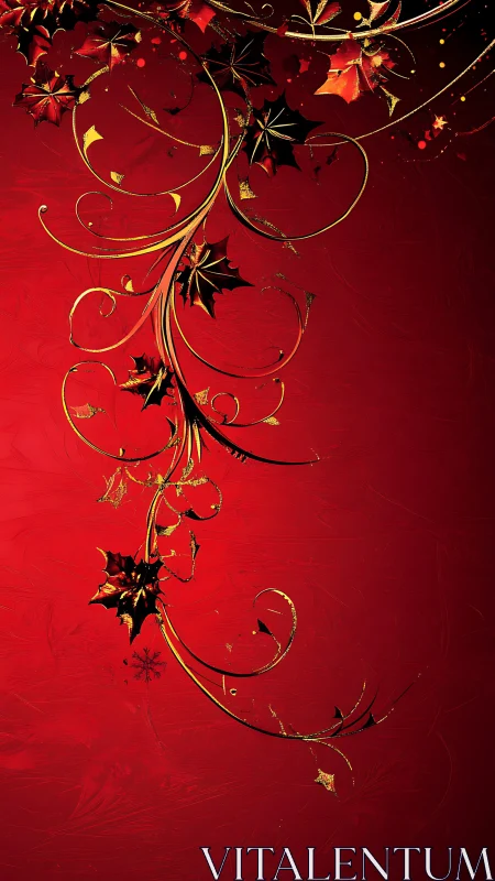 Red background with gold holly vine ornamental design.