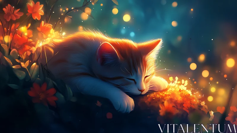 Sleeping Cat Surrounded by Luminous Flowers and Bokeh Light.