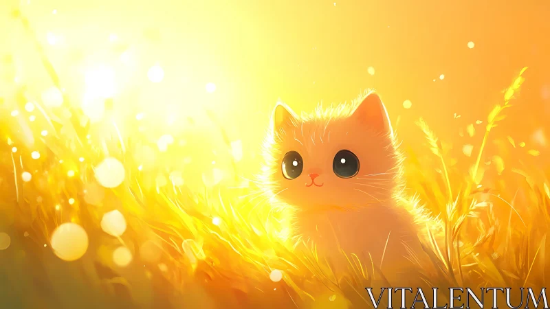 Cartoon kitten in bright golden field under strong sunlight.