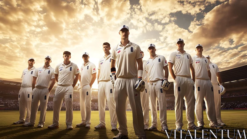 Cricket team under dramatic sunset light on stadium turf.