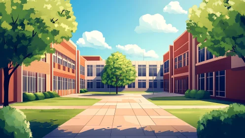 Symmetrical school courtyard under clear sky with stylized shading