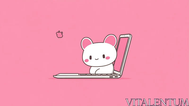 Cute cartoon mouse in laptop on pastel pink background.