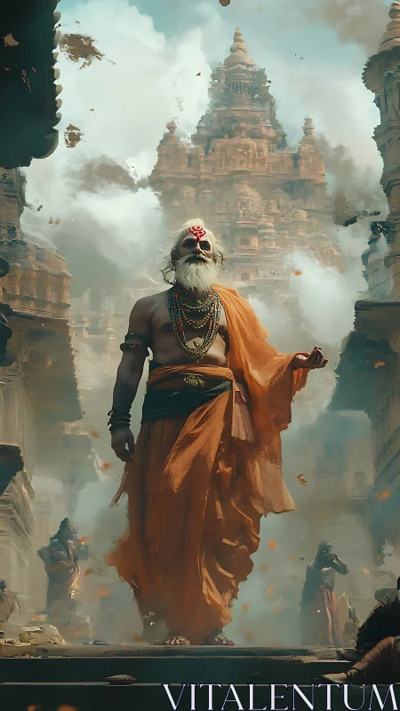 Elderly robed figure before towering temple in smoke-filled plaza.