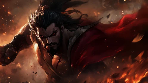 Inferno-eyed warlord storms through burning twilight sky.