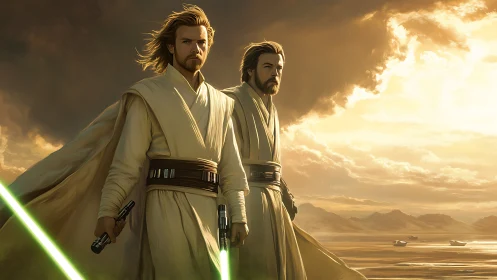 Twin desert guardians with glowing blades at stormrise.