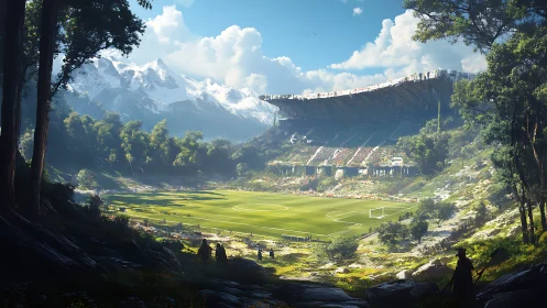 Football stadium structure stands in overgrown alpine valley