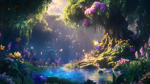 Whispering pond beneath the bloom-heavy guardian tree.