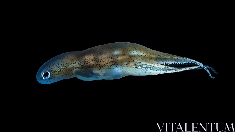 Bioluminescent squid profile on deep black background.