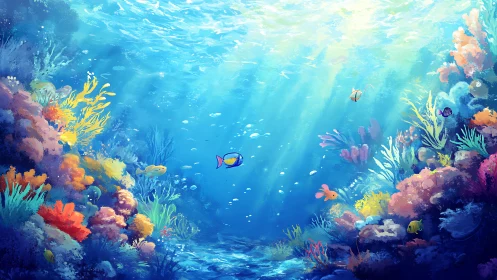 Digital underwater coral reef scene shows light rays and fish