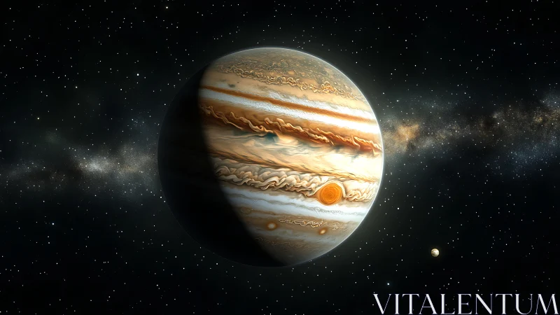 Jupiter gas giant with storms against star field backdrop.