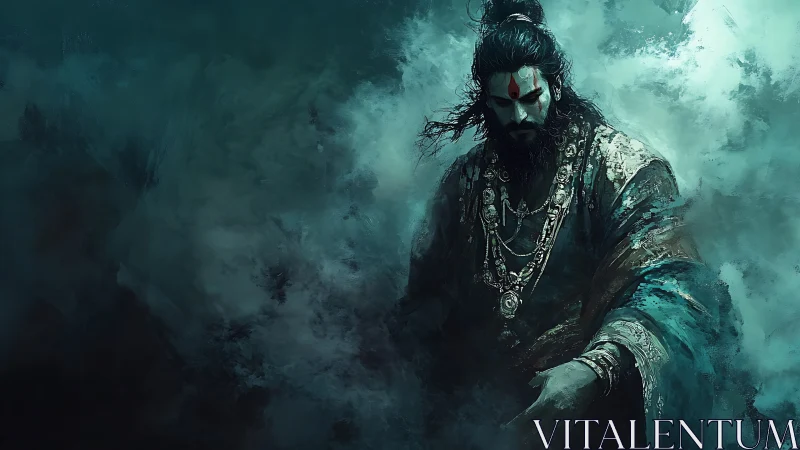 Mystical robed warrior with painted face in teal mist.