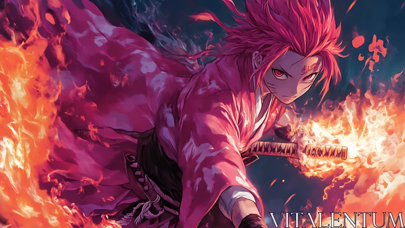 Fiery anime swordsman lunges forward with blazing katana