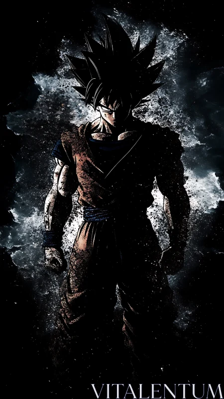 Shadowed anime warrior stands strong in a storm of energy