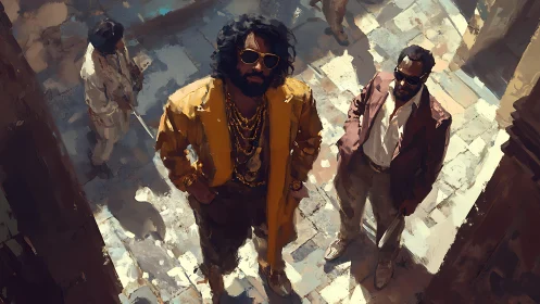 Two men in sunglasses stand in gritty sunlit courtyard