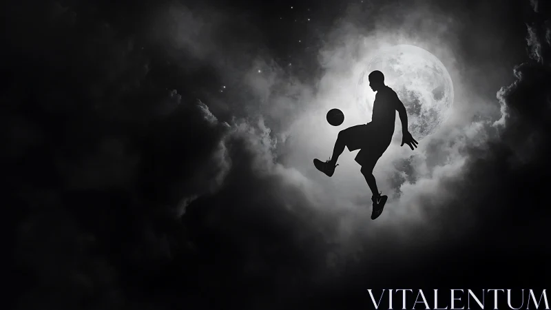Backlit football silhouette suspended against high contrast moon
