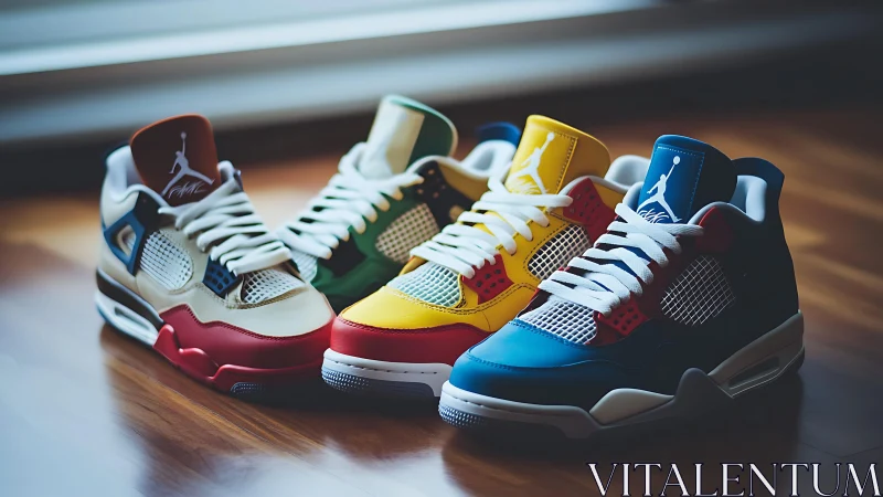 Color-blocked basketball sneakers in staggered studio lineup.