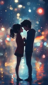 Rainy Night Romance: Silhouetted Couple Embracing in Bokeh.