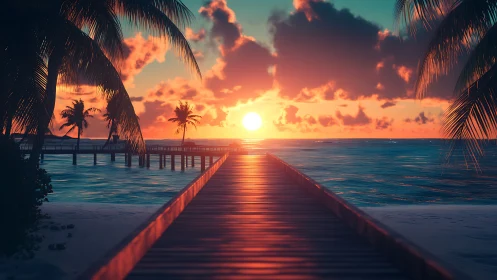 Glowing tropical boardwalk welcomes sunset over calm ocean