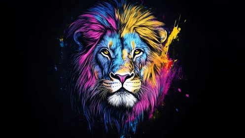 Multicolored lion portrait employs symmetric frontal composition