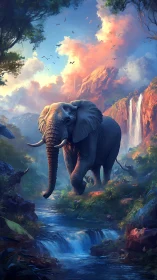 Majestic elephant crossing sunlit jungle stream at dusk.