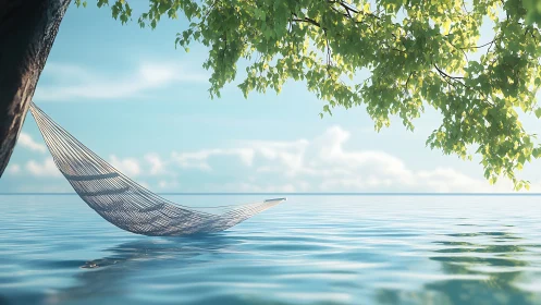 Serene shoreline hammock floating above tranquil water.