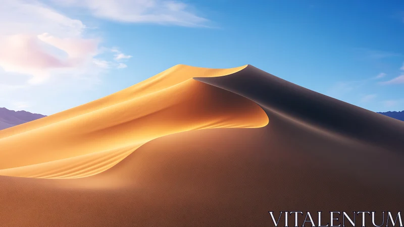Sunlit crescent dune ridge curves across a clear desert sky