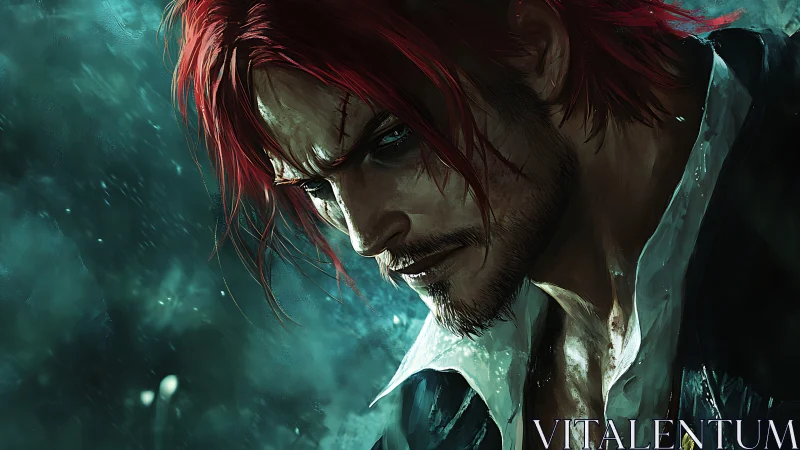 Weathered red-haired swordsman lost in stormy reflection.