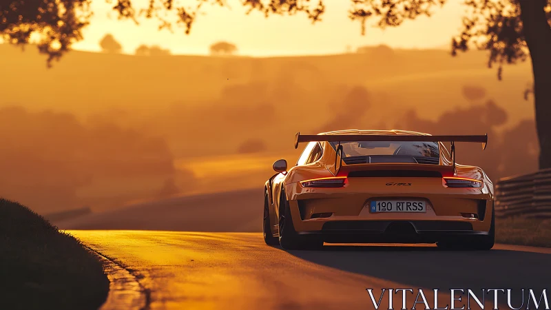 Sunlit track hunter car chases the horizon in molten gold.