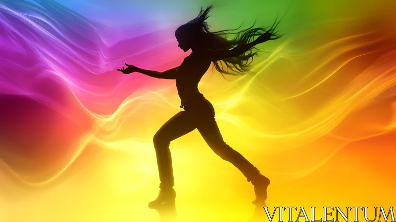 Silhouette dancer posed against flowing rainbow light field.