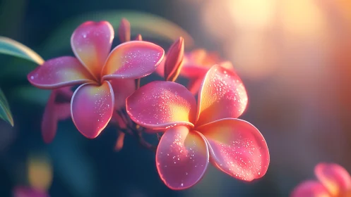 Pink plumeria flowers with dew drops in warm sunlight