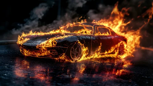 Burning Car Engulfed in Flames. Inferno.