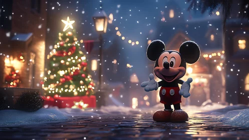 Cartoon mouse celebrates snowy village Christmas night