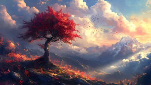 Lone crimson tree glows above misty mountains at sunrise