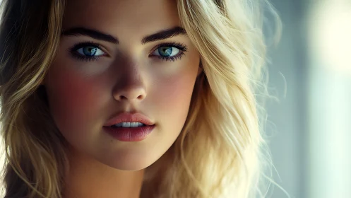 Gentle gaze of a sunlit blonde woman with soft serenity.