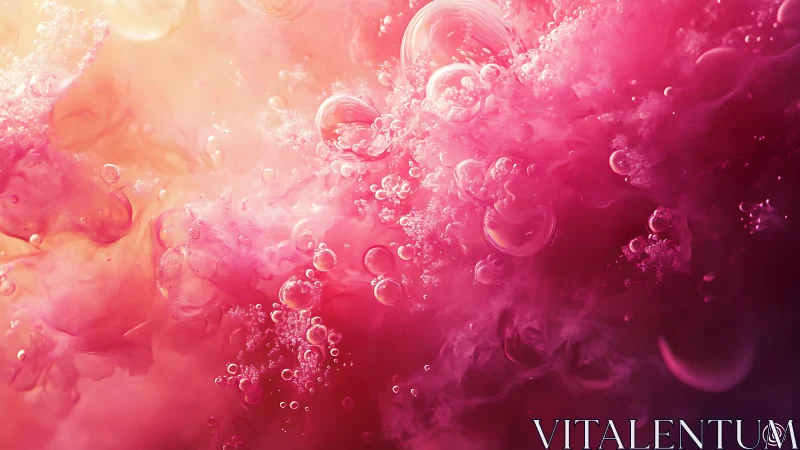 Iridescent pink fluid clouds with suspended glassy bubbles.